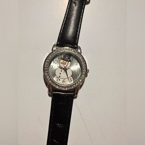 Women’s Snowman Watch, Black Band, Rhinestone Watch Face. Needs New Battery